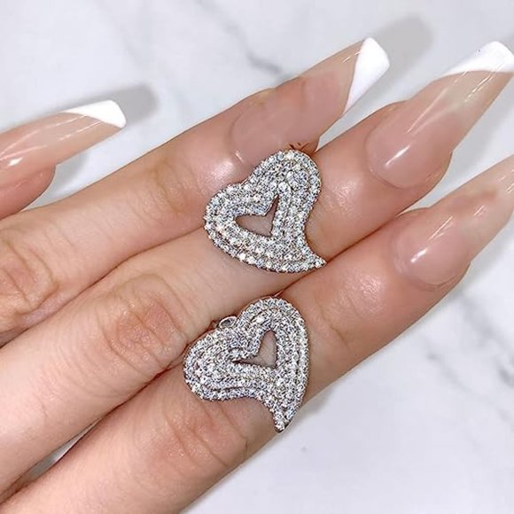 Silver Pave Rhinestone Curvy Heart Post Earrings CZ Sparkle Crystal Hearts New - Picture 1 of 11